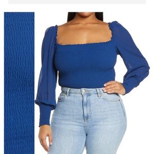 Reformation Blue Smocked Pinto Blouse